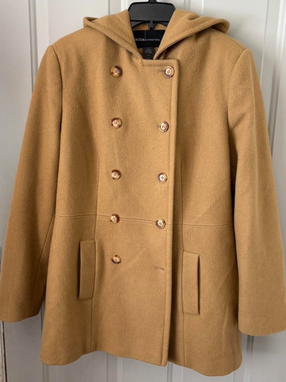 Tan 100% Wool Coat Moda International Size 14